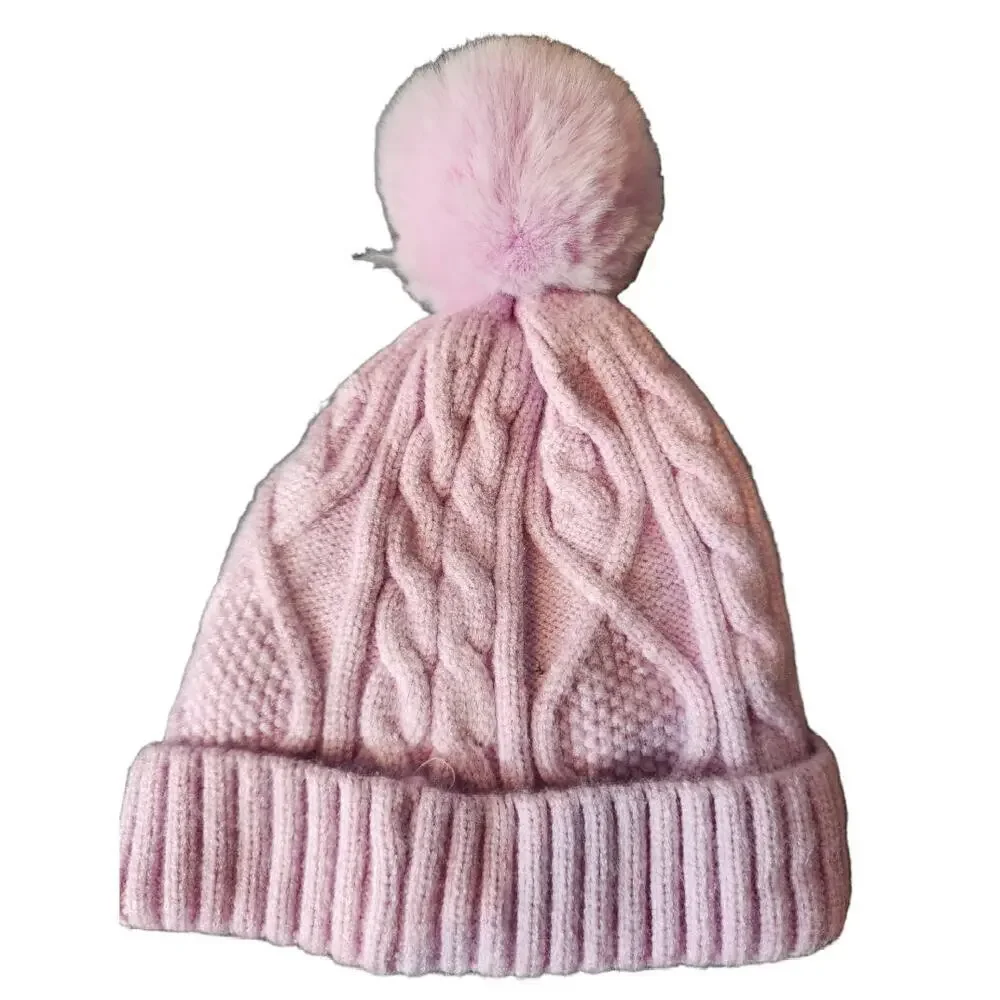 CC kids cable knit lined stocking hat with pom pink/purple
